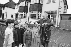 Former Liverpool manager Bill Shankly with young children outside his home shortly after Former Liverpool manager Bill Shankly with young children outside his home shortly after