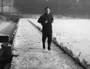 Liverpool full back Ronnie Moran putting in a spot of training despite conditions at Liverpool full back Ronnie Moran putting in a spot of training despite conditions at