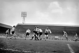 Liverpool v. Wolverhampton Wanderers. Tommy Smith lashes a freekick at the Wolves wall Liverpool v. Wolverhampton Wanderers. Tommy Smith lashes a freekick at the Wolves wall