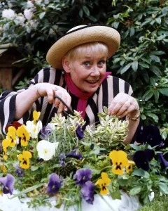 Liz Dawn actress who plays the part of Vera Duckworth in Coronation Street in her garden Liz Dawn actress who plays the part of Vera Duckworth in Coronation Street in her garden