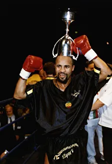 LLoyd Honeyghan Boxing With commonweath championship cup on head LLoyd Honeyghan Boxing With commonweath championship cup on head