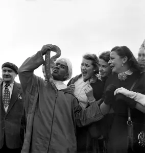 Local man of Morocco holding up a large snake near his mouth to the amusement of a group Local man of Morocco holding up a large snake near his mouth to the amusement of a group