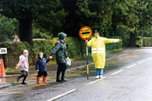 Lollipop lady Ann Liddell escorts children across Road, Stokesley, 14th September 1993 Lollipop lady Ann Liddell escorts children across Road, Stokesley, 14th September 1993