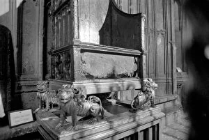 London: Westminster Abbey: Stone of Scone back in its place under coronation chair in