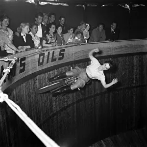Look mum no hands! Maureen Swift, Wall of death rider. June 1952 C3335-001 Look mum no hands! Maureen Swift, Wall of death rider. June 1952 C3335-001