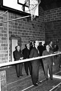 Looking around the gymnasium, Prince Philip, Duke of Edinburgh shares a joke with Looking around the gymnasium, Prince Philip, Duke of Edinburgh shares a joke with