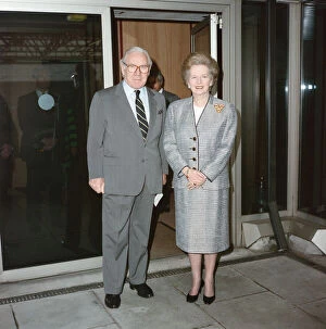 Images Dated 8th April 1991: Lord King and Mrs Thatcher leaving Heathrow for New York on concorde - she is going to