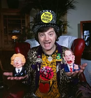 Lord Sutch May 1989 holding Margaret Thatcher and Ronald Reagan dog chews