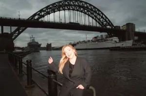 Lowri Turner tv presenter and journalist standing beside the Tyne Bridge Newcastle Lowri Turner tv presenter and journalist standing beside the Tyne Bridge Newcastle