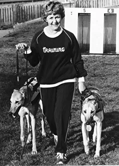 Lynne Perrie Actress pictured with her two Greyhounds June 1980 Lynne Perrie Actress pictured with her two Greyhounds June 1980