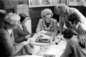 Maggie Thatcher sits in a sewing class at the Westholme School in Blackburn. October 1970 Maggie Thatcher sits in a sewing class at the Westholme School in Blackburn. October 1970