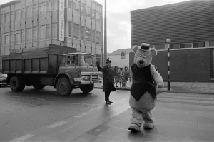 A man dressed up as a 7ft bear, Middlesbrough. Pictured crossing the road outside A man dressed up as a 7ft bear, Middlesbrough. Pictured crossing the road outside