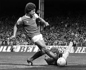Manchester City keeper Keith MacRae saves from Alan Sunderland Manchester City keeper Keith MacRae saves from Alan Sunderland