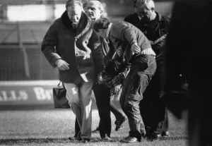 Manchester City player Paul Lake is stretchered off after being knocked unconscious by a Manchester City player Paul Lake is stretchered off after being knocked unconscious by a