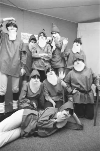 Manchester school children dressed as gnomes for school pantomime. December 1982 Manchester school children dressed as gnomes for school pantomime. December 1982