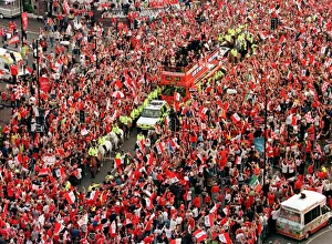 Manchester United on their way down Talbot Rd May 1999 near Old Trafford for their Manchester United on their way down Talbot Rd May 1999 near Old Trafford for their