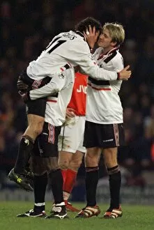 Images Dated 14th April 1999: Manchester United winger David Beckham kisses team mate Ryan Giggs after scored in