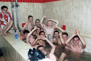 Manchester United youth team celebrate in the bath with the FA Youth Cup trophy after Manchester United youth team celebrate in the bath with the FA Youth Cup trophy after