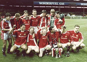 Manchester United youth team celebrate with the FA Youth Cup trophy after their 6-3 Manchester United youth team celebrate with the FA Youth Cup trophy after their 6-3