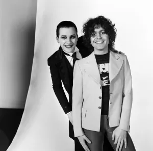 Marc Bolan and vocalist Dave Vanian of The Damned rock group Marc Bolan and vocalist Dave Vanian of The Damned rock group