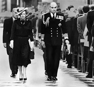 Margaret Thatcher with Admiral Sir Terence Lewin leaving Falklands Islands Service at St Margaret Thatcher with Admiral Sir Terence Lewin leaving Falklands Islands Service at St