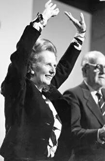Margaret Thatcher celebrating applause after closing speech of 1986 Conservative party