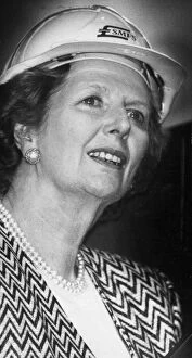 Margaret Thatcher at construction site wearing hard hat - June 1987