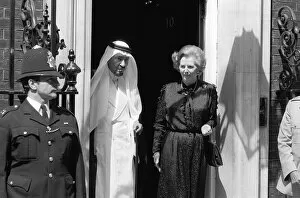 Images Dated 10th June 1981: Margaret Thatcher June 1981 stands outside 10 Downing Street with King Khaled of Saudi