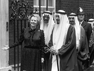 Margaret Thatcher June 1981 stands outside 10 Downing Street with f King Khaled of saudi Margaret Thatcher June 1981 stands outside 10 Downing Street with f King Khaled of saudi