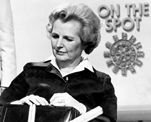 Images Dated 1st April 1977: Margaret Thatcher looking pensive during TV interview - April 1977
