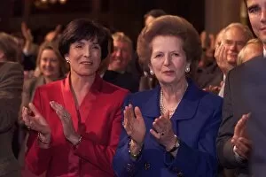 Images Dated 6th October 1999: Margaret Thatcher and Mary Archer Oct 1999 applauding a speech by Lord Archer at
