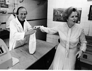 Margaret Thatcher MP doing some shopping at her local butchers 1978