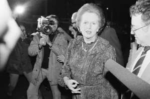 Margaret Thatcher PM pictured speaking to the press outside Downing Street, London Margaret Thatcher PM pictured speaking to the press outside Downing Street, London