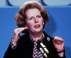 Margaret Thatcher Prime Minister December 1984 blac jacket colourful checked scarf Margaret Thatcher Prime Minister December 1984 blac jacket colourful checked scarf