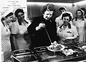 Margaret Thatcher Prime Minister takes her turn serving behind a staff canteen counter Margaret Thatcher Prime Minister takes her turn serving behind a staff canteen counter