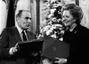 Images Dated 12th February 1986: Margaret Thatcher signs Chunnel Aggrement Feb 1986 with Francois Mitterrand