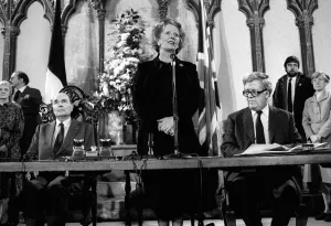 Images Dated 12th February 1986: Margaret Thatcher signs Chunnel Agreement Feb 1986 with Francois Mitterrand