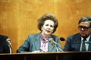 Margaret Thatcher and Sir Geoffery Howe at press conference on Hong Kong agreement