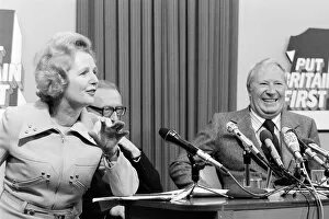 Images Dated 9th October 1974: Margaret Thatcher speaking at an election press conference with Edward Heath