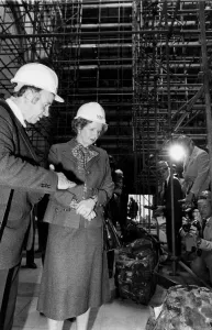 Margaret Thatcher wearing hard hat during visit to York Minster after storm damage Margaret Thatcher wearing hard hat during visit to York Minster after storm damage