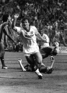 Mark Hughes celebrates his goal for Manchester United in the 1990 FA Cup final against Mark Hughes celebrates his goal for Manchester United in the 1990 FA Cup final against