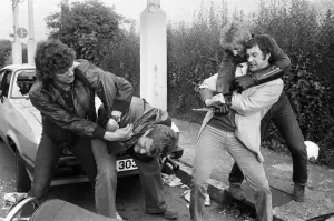 Martin Shaw and Lewis Collins wrestling with the bad guys on the set of the television Martin Shaw and Lewis Collins wrestling with the bad guys on the set of the television
