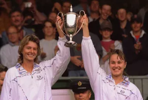 Martina Hingis and Helena Sukova celebrate winning the womens double final at Wimbledon Martina Hingis and Helena Sukova celebrate winning the womens double final at Wimbledon
