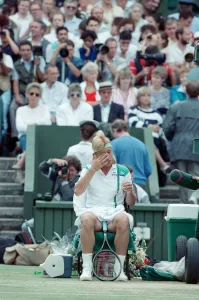 Martina Navratilova seated during a break at the Wimbledon final against Steffi Graf Martina Navratilova seated during a break at the Wimbledon final against Steffi Graf