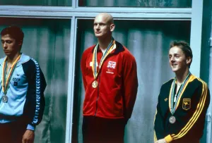 Medal ceremony for 100m breastroke at the Moscow Olympics July 1980 Medal ceremony for 100m breastroke at the Moscow Olympics July 1980