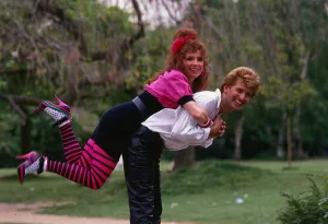 Melanie Hill actress May 1989 Climbing on Vince Brickley back Melanie Hill actress May 1989 Climbing on Vince Brickley back