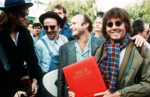 Michael Aspel TV Presenter surprises Phil Collins for the show This is your Life with Michael Aspel TV Presenter surprises Phil Collins for the show This is your Life with