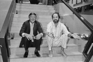 Michael Parkinson and John Cleese at the TV-am studios. 1983 Michael Parkinson and John Cleese at the TV-am studios. 1983