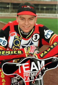 Mick Powell of Glasgow Tigers Speedway team March 1998 Mick Powell of Glasgow Tigers Speedway team March 1998