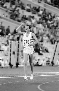 Middle distance runner Steve Ovett celebrates after winning a gold medal in the Men' Middle distance runner Steve Ovett celebrates after winning a gold medal in the Men'